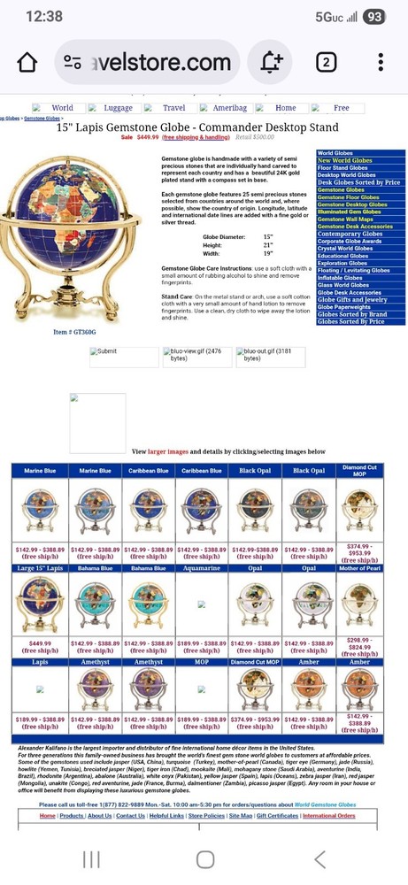 Blue Lapis Gemstone World Globe with Brass Stand and Compass