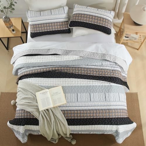 Striped Quilt Set Size Boho Bedspread Set 3 Pieces Patchwork King Brown