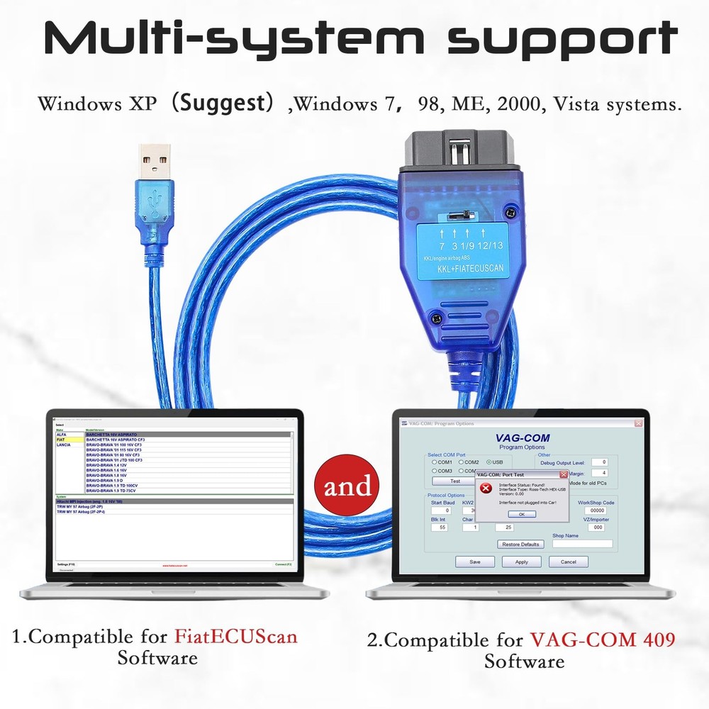 lydesor KKL 409 FiatEcuScan OBD2 Cable with FT232RL Chip,Diagnostic Software...