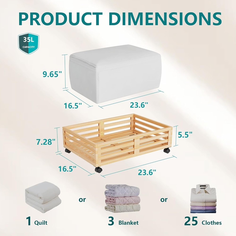Bamboo Under Bed Storage Containers- Underbed Organizer W/ Wheels W/ Large
