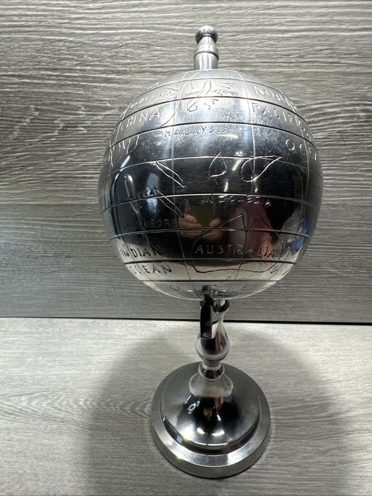 Decorative Rotating 14” Metal Silver Desk Globe