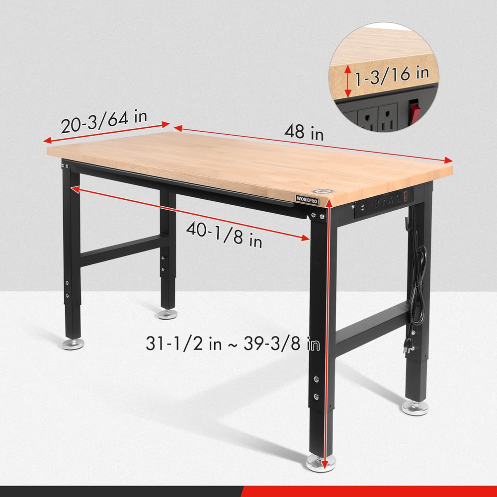 48" Adjustable Workbench, Rubber Wood Top Heavy-Duty Workstation, 2000 LBS Load