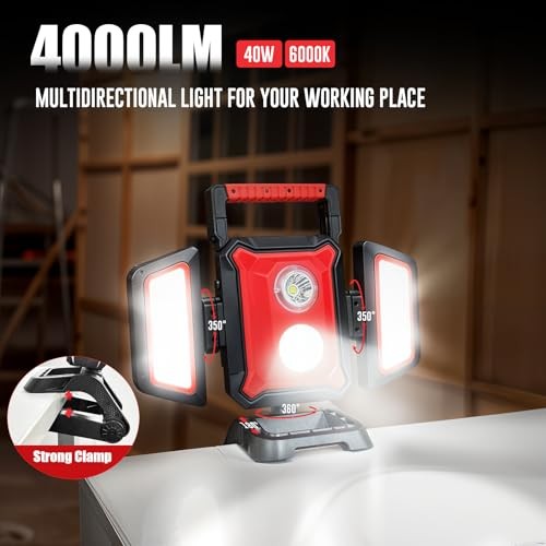 40W Rechargeable Work Light, 4000LM Magnetic Work Light, Foldable&360° Red