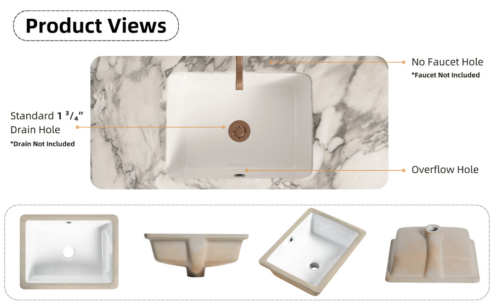 16" x12" Undermount Bathroom Sink Rectangular, White Ceramic With Overflow
