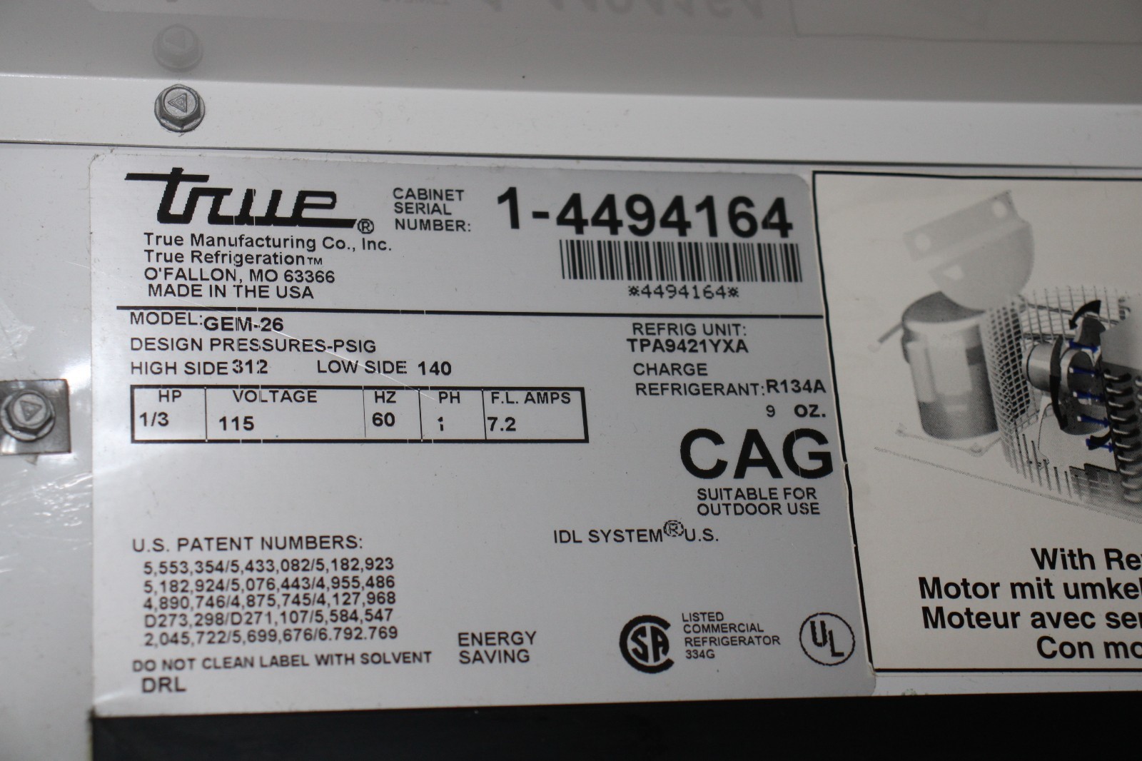 True GEM-26 Single Glass Door Refrigerator, Glass Sides, w/ Spring Loaders CLEAN