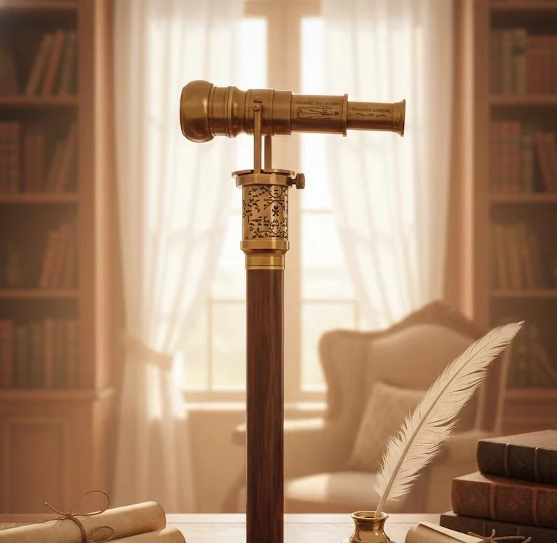 Handmade Victorian Telescope Walking Stick: Brass & Cane