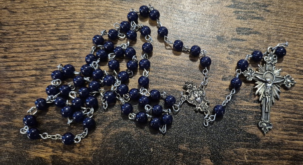 Black Bead Rosary Metal Cross Fatima 1917-2017 Emblem Catholic Church Religion