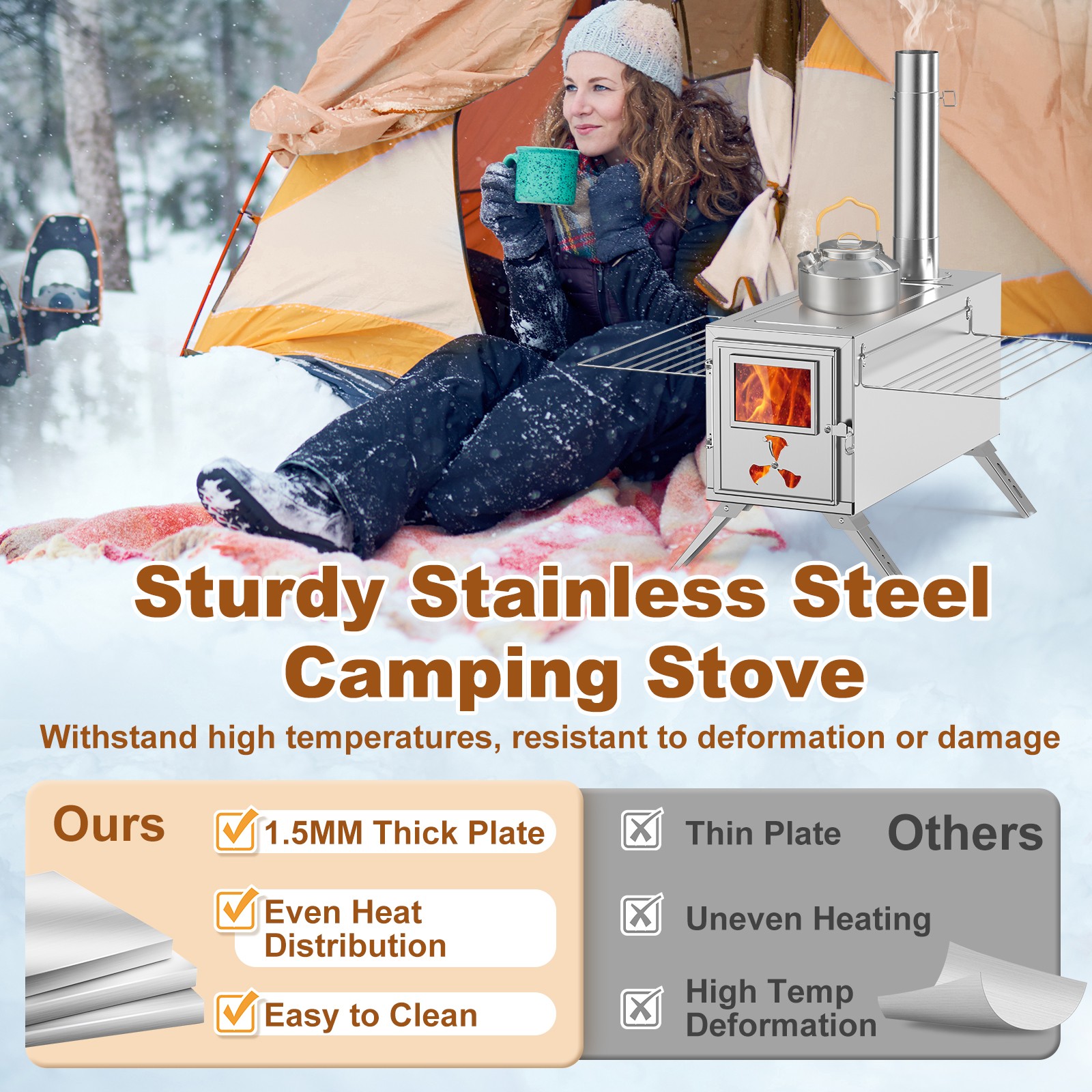 SLSY Portable Wood Stove Camping Hot Tent BBQ Stove 83 in with 7 Chimney Pipes