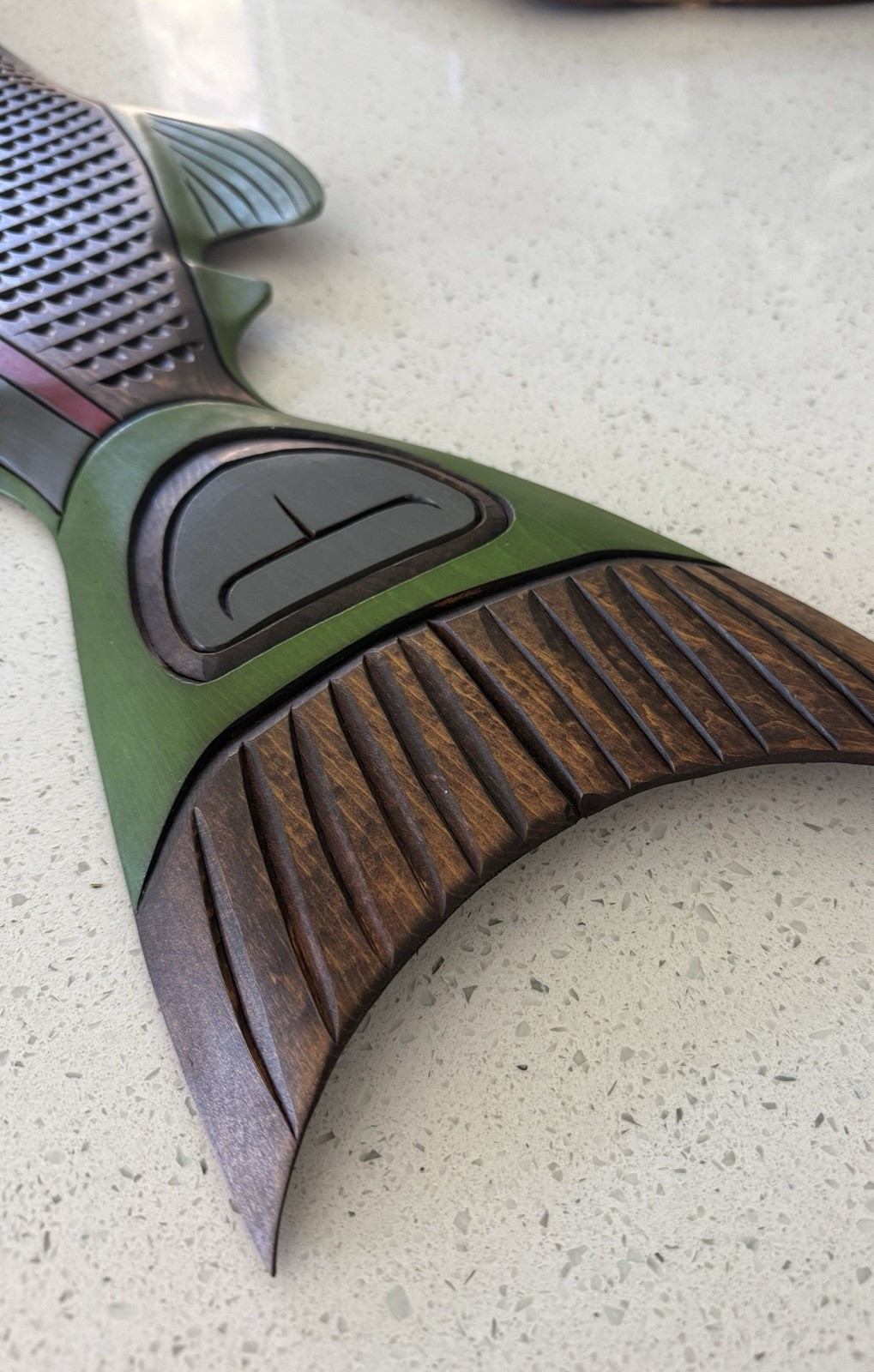 Original Kwakiutl Salmon Spawning Wood Carving by Demsey Willie, Estate Find