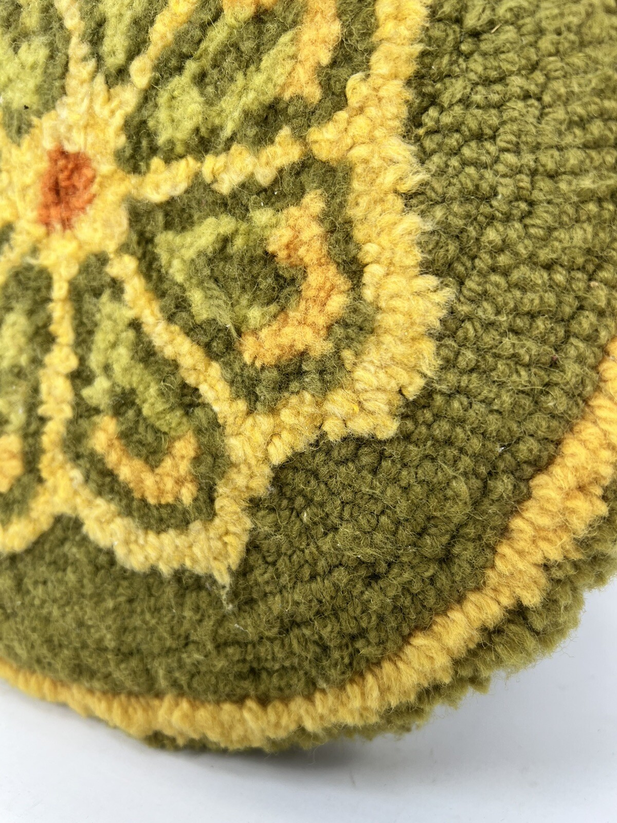 Vtg Round Footstool Floral Hooked Rug Top Wooden Legs MCM 8.75 x 12” Avacado