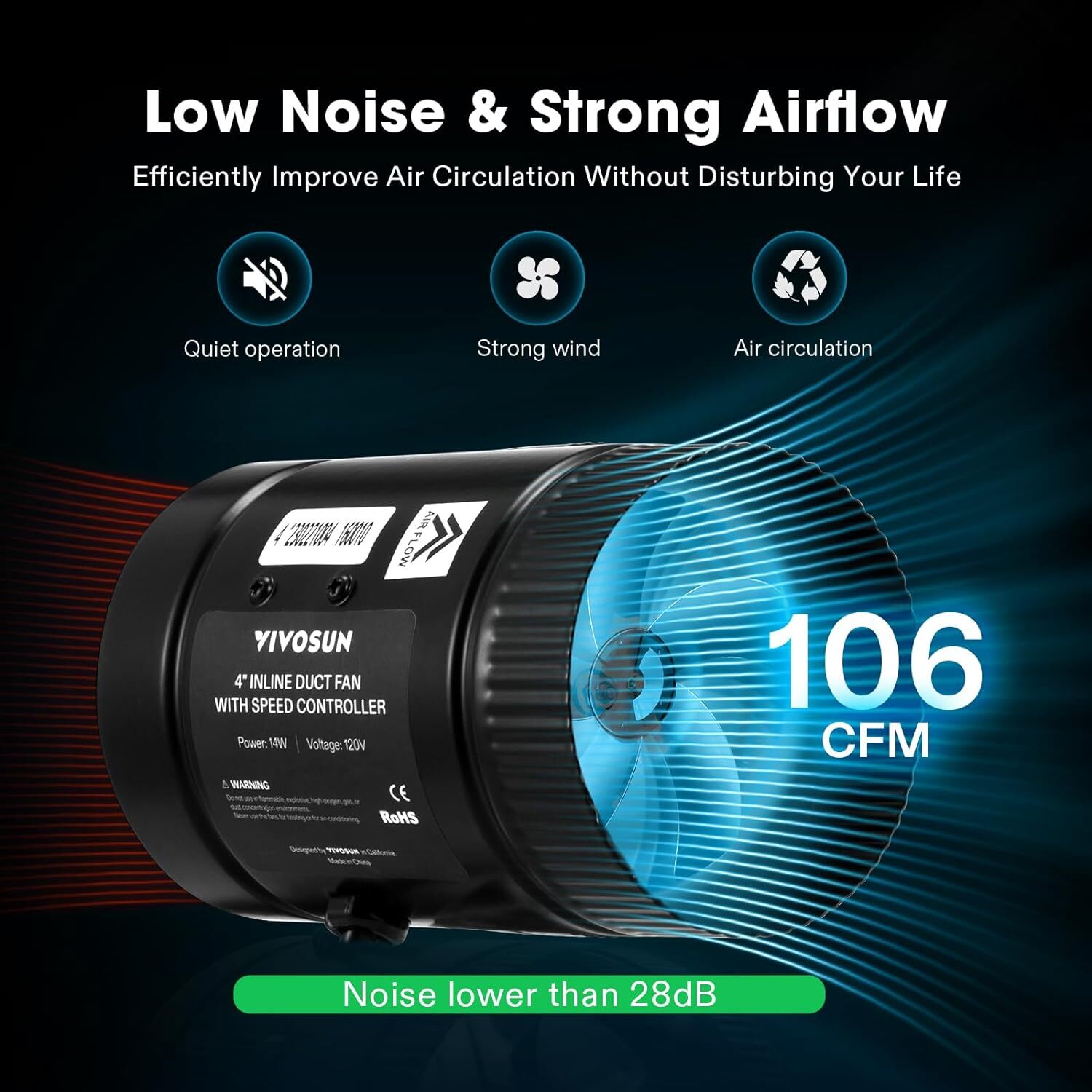 VIVOSUN Inline Booster Duct Fan HVAC Exhaust Ventilation Fan w/Speed Controller