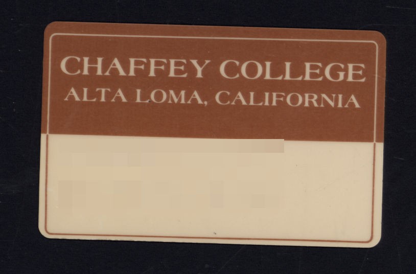 CHAFFEY COLLEGE Alta Loma CALIFORNIA * 1985 plastic student Identification Card