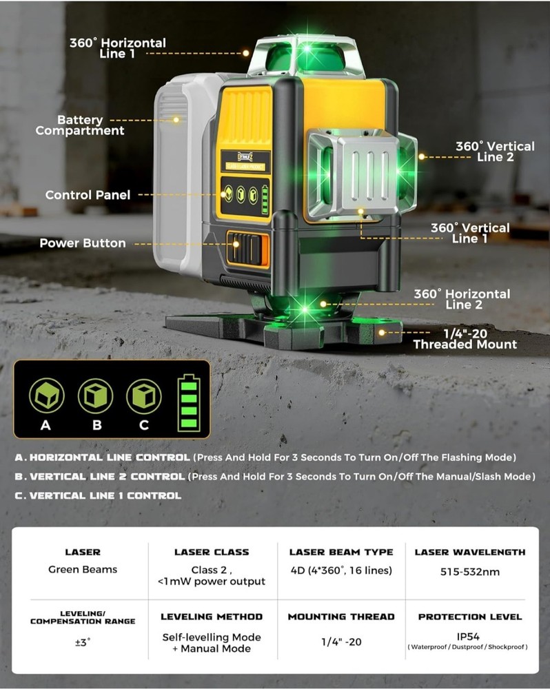 Laser Level Compatible with DeWalt 20V Battery, 4D 4x360° Self Leveling, 4...
