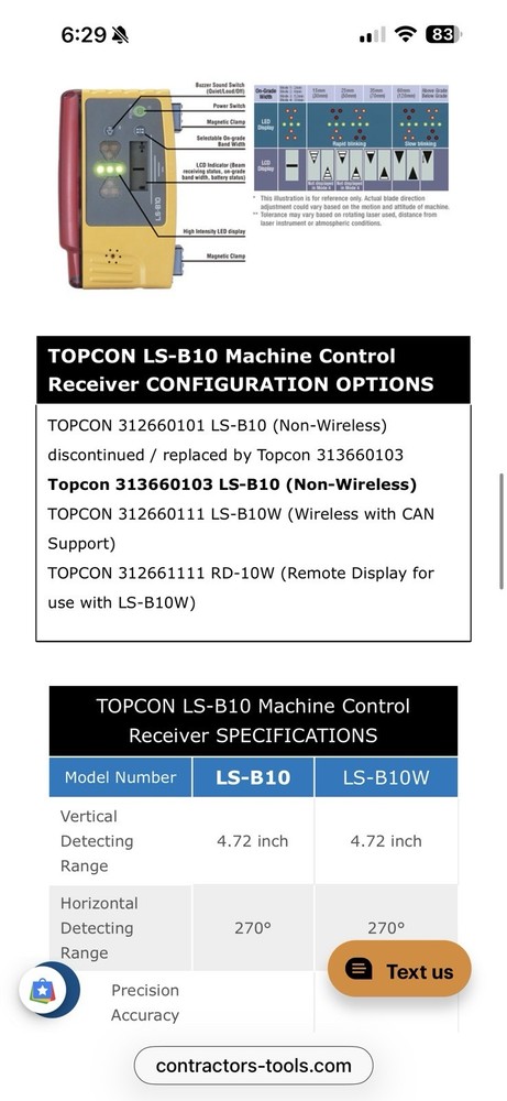 Topcon LS-B10 Machine Control Laser Receiver Non-Wireless Model 312660103