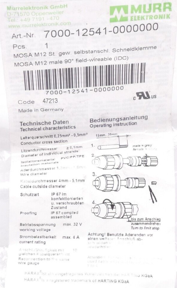 2x Murr Electronics M12 pcs 90° A-cod. Insulation Terminal | 7000-12541-0000000