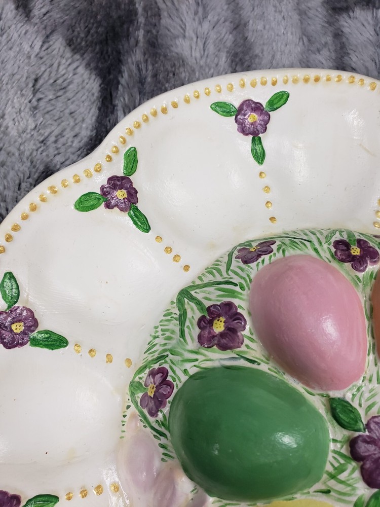Vintage Deviled Egg Spring Easter Bunnies Flowers Plate Platter Ceramic