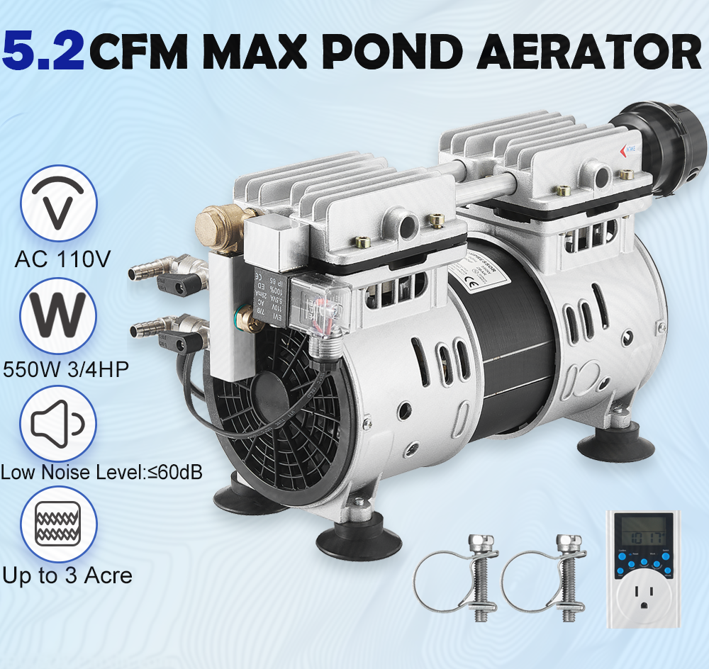 550W 5.2CFM Pond Aerator w/ Timer Lake Pond Aeration System 3/4 HP Up to 3 Acres