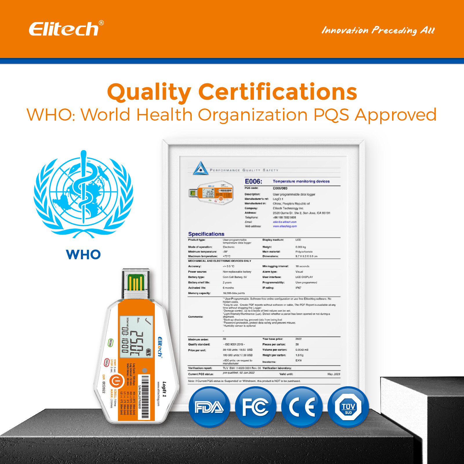 Elitech LogEt 1 Temperature Data Logger Single Use PDF Report USB 16000 Points