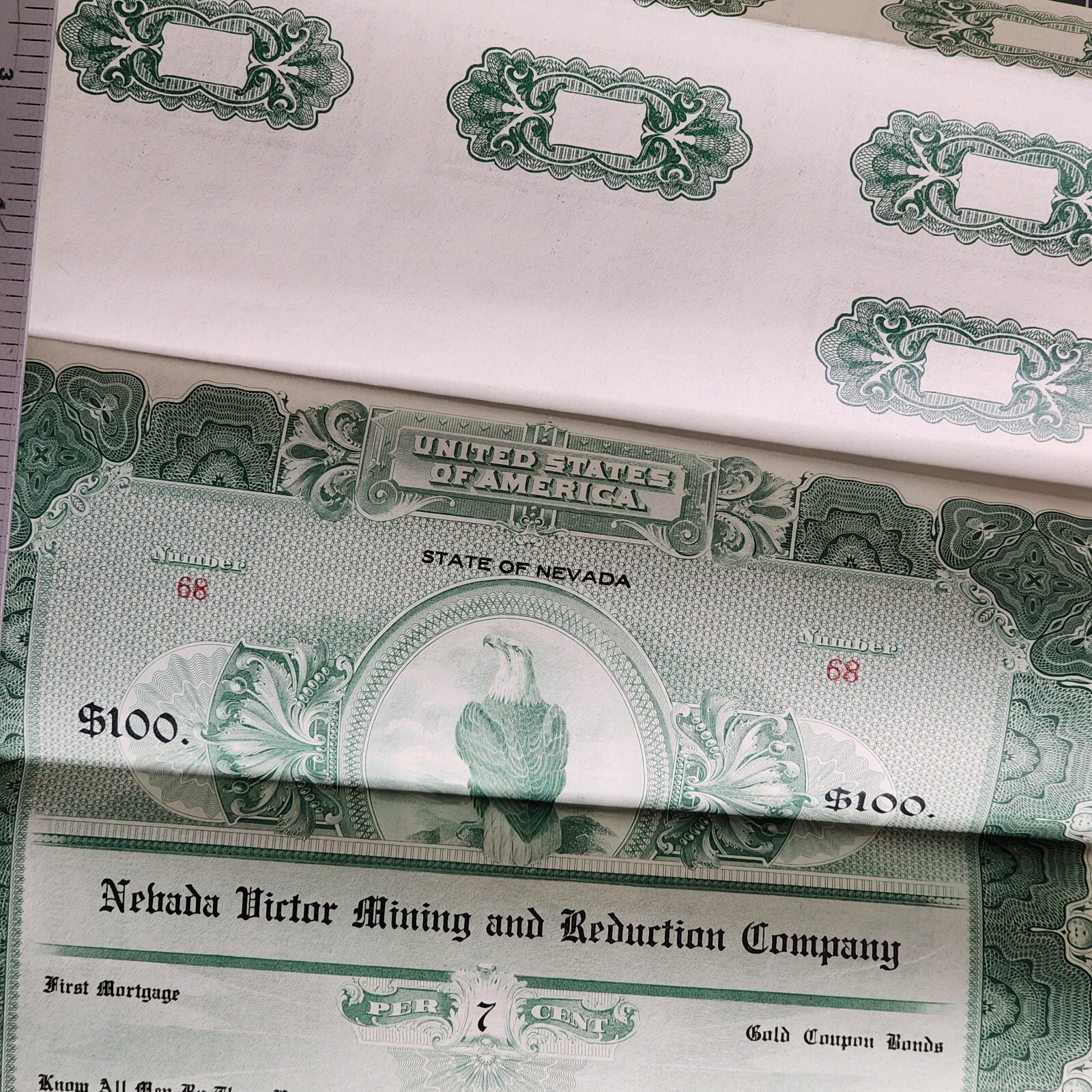 Nevada Victor Mining Reduction Co. Gold Coupon Bond 1908 First Mortgage #68