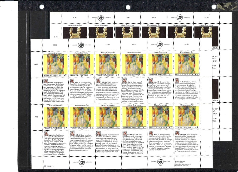 1991 HUMAN RIGHTS (2 Full Sheets) - Vienna Office - Mint Never Hinged