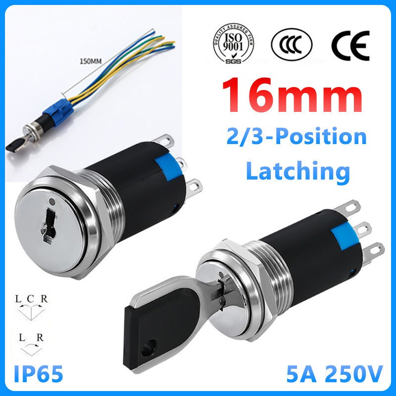 16mm Rotary Key Switch Latching 2/3 Position Selector Security Lock ON/OFF 5A