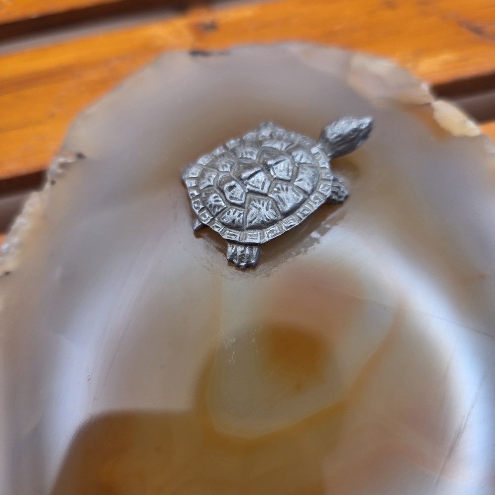 Pewter Turtle Figurine On Agate Slab