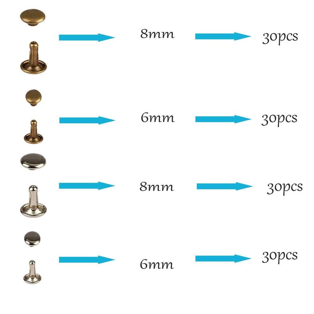 120 Sets 2 Sizes Leather Rivets Kit Double Cap Buttons, Press Studs Setting