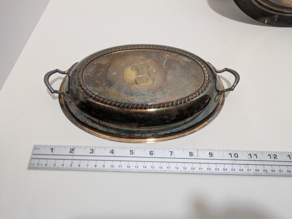 Crescent Silverware Mfg Co Oval Covered Serving Dish # 3157 - 2 Pcs - Monogram G