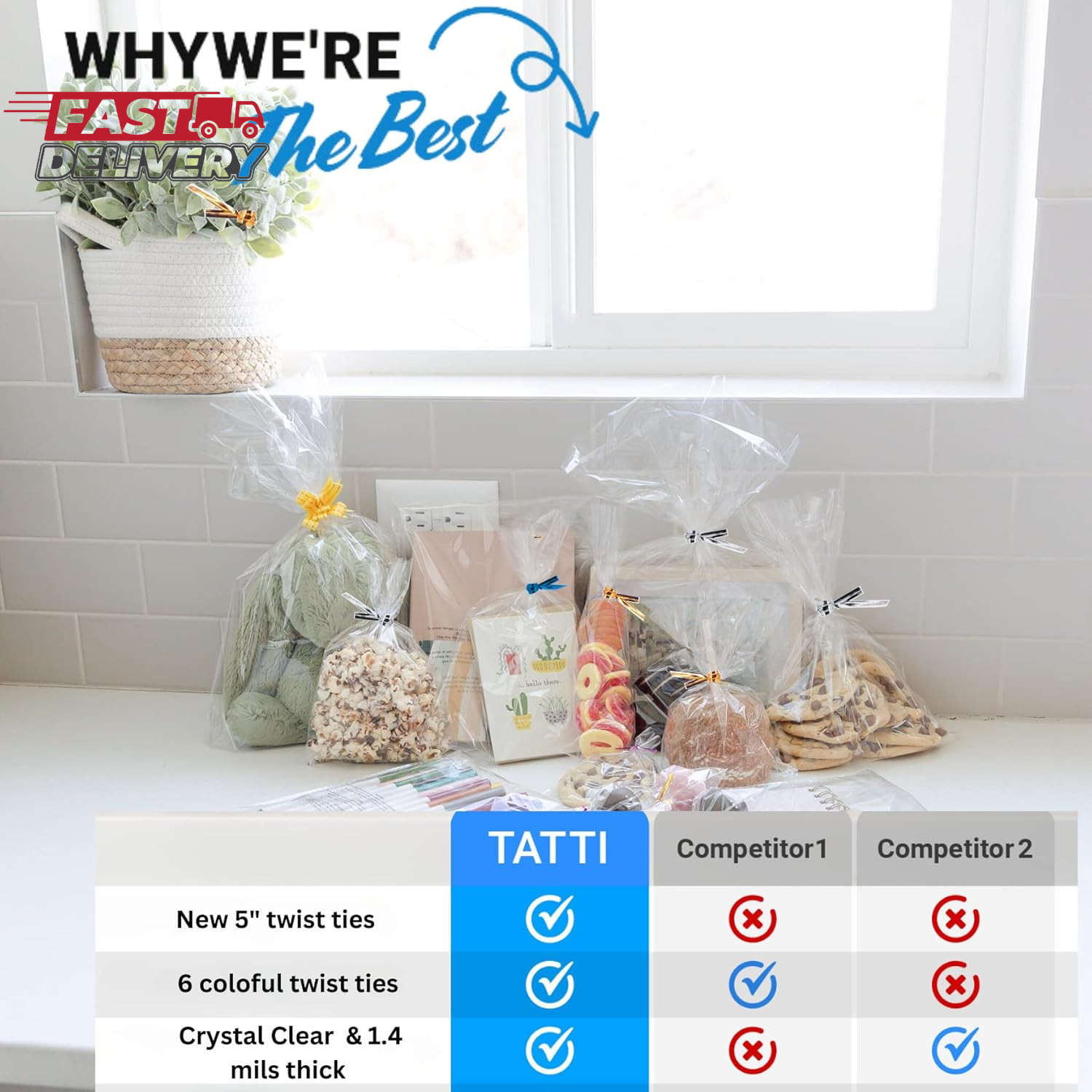 TATTI 200 Pack Clear Cellophane Bags for Favors - Transparent Goodie Bags, 4X9 I