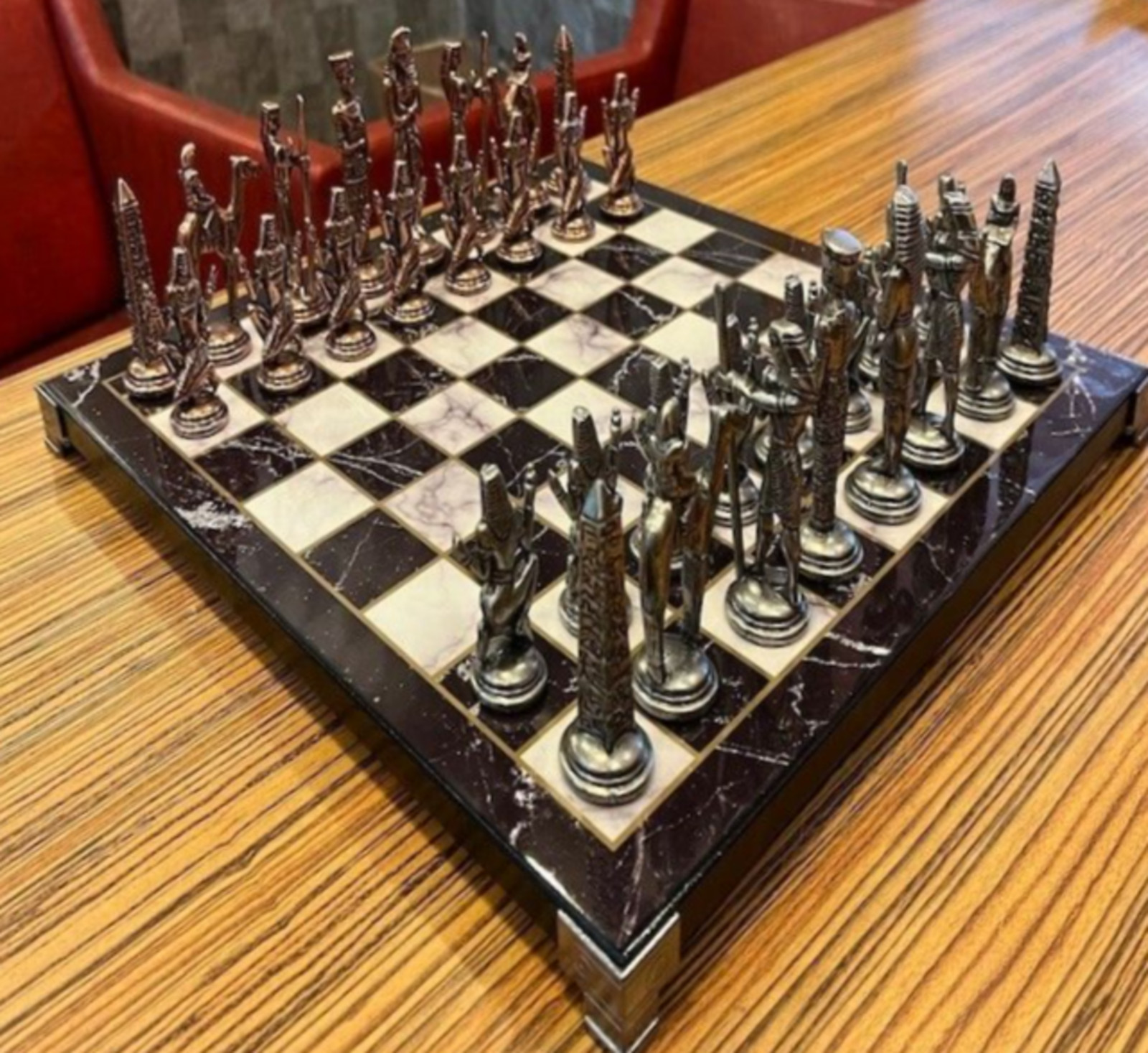XL Antique Cleopatra Pharaoh Chess Set Marble Wooden Board Handmade 🎁 Gift Idea