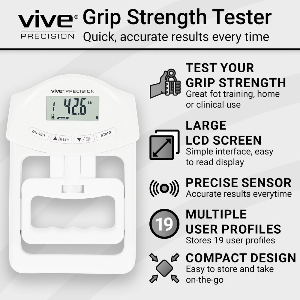 Vive Precision Grip Strength Tester - Hand Dynamometer - Handheld White