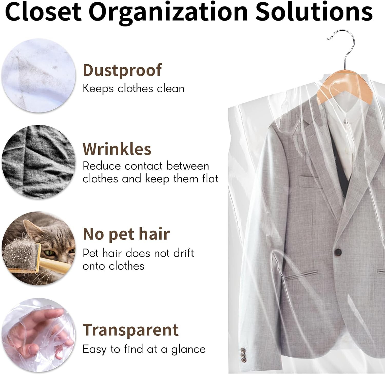 10/20/30 Pack Garment Bags for Hanging Clothes, Clear Plastic Dry Cleaning Bags