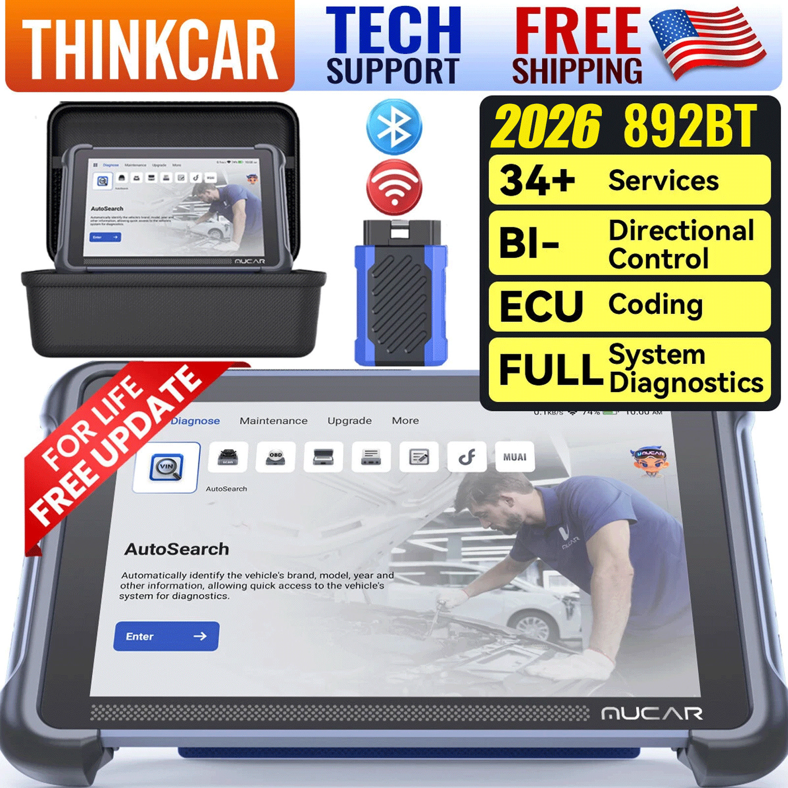 MUCAR 892BT Car Bidirectional Scanner Auto All System Diagnostic Tool Key Coding