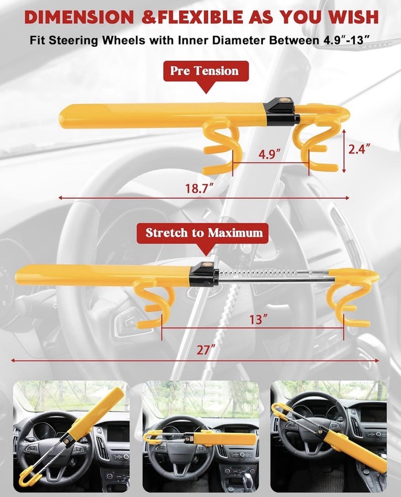 Tevlaphee Steering Wheel Lock - Heavy Duty Antitheft Device and Car Security