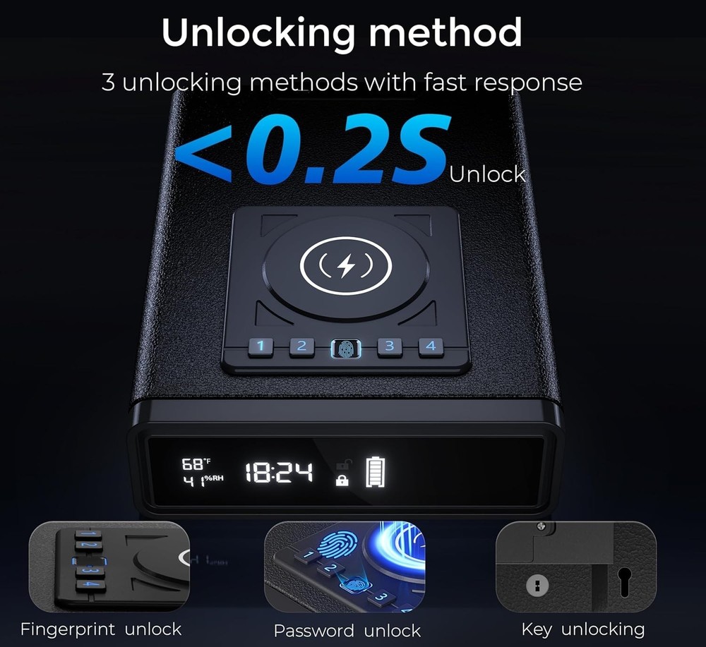 Biometric Safe with Wireless Charging, 3 Access Methods to Unlock, Nightstand Dr