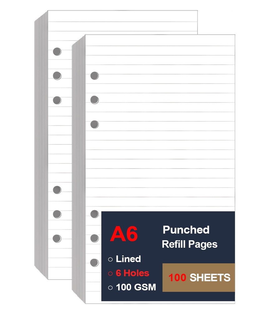 (2 Pack) A6 Lined Paper Refill 6 Ring, 6Hole 200Sheets, White