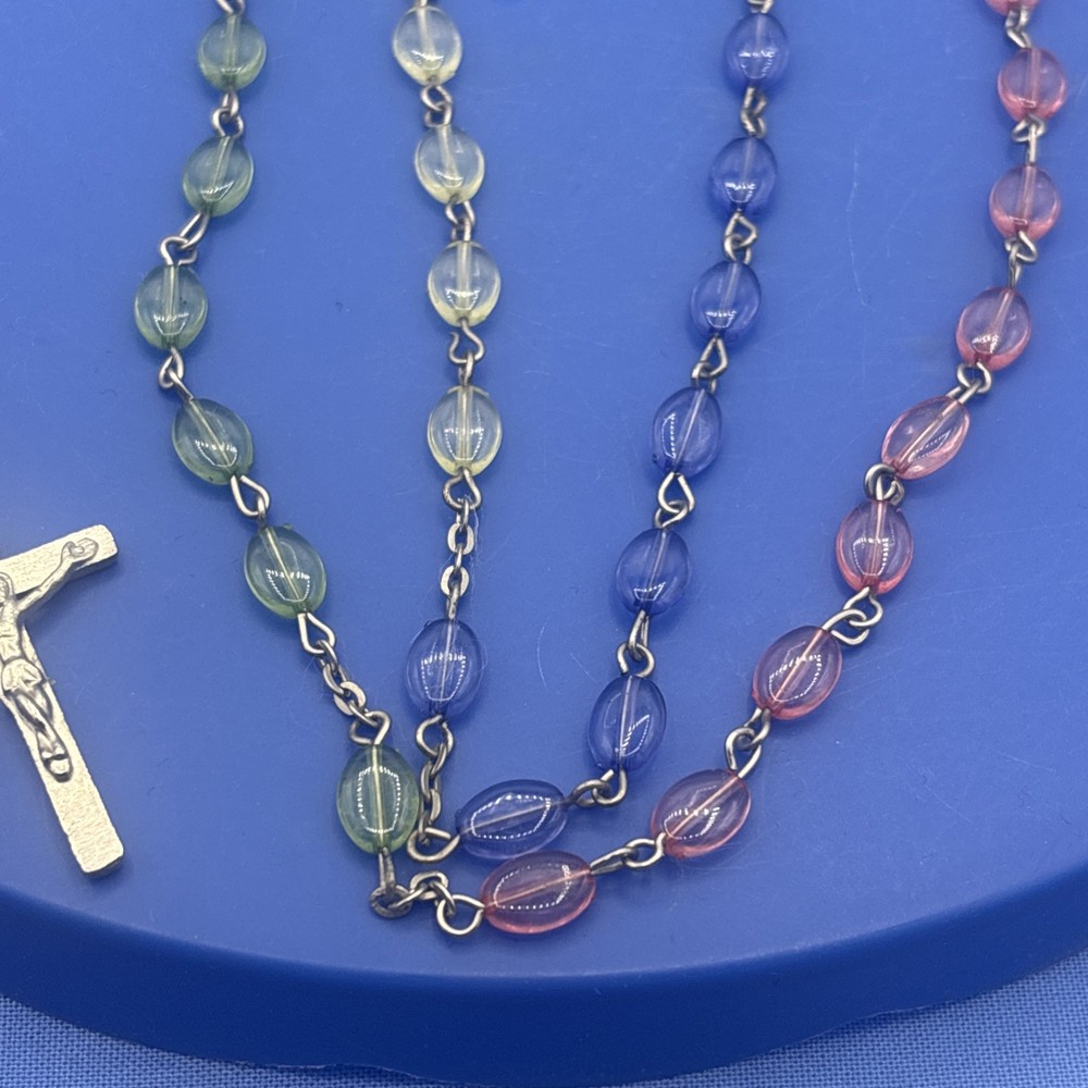 Vtg Pastel Translucent Rosary Oval Beads Crucifix Catholic Prayer Beads Easter