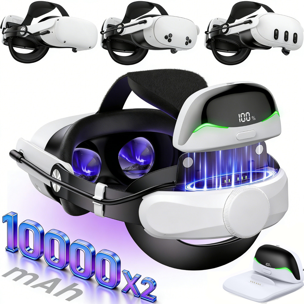 VR HeadStrap For Meta Quest 3/3s/2 VR Headset 2* 10000mAh Battery+Charging Dock
