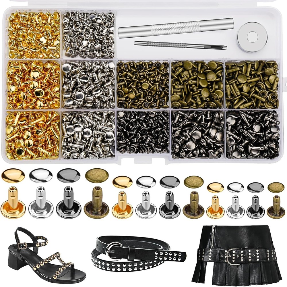 CBHGFEA 540 PCS Leather Rivets, 3 Different Sizes Double Cap Rivets Kit with Lea