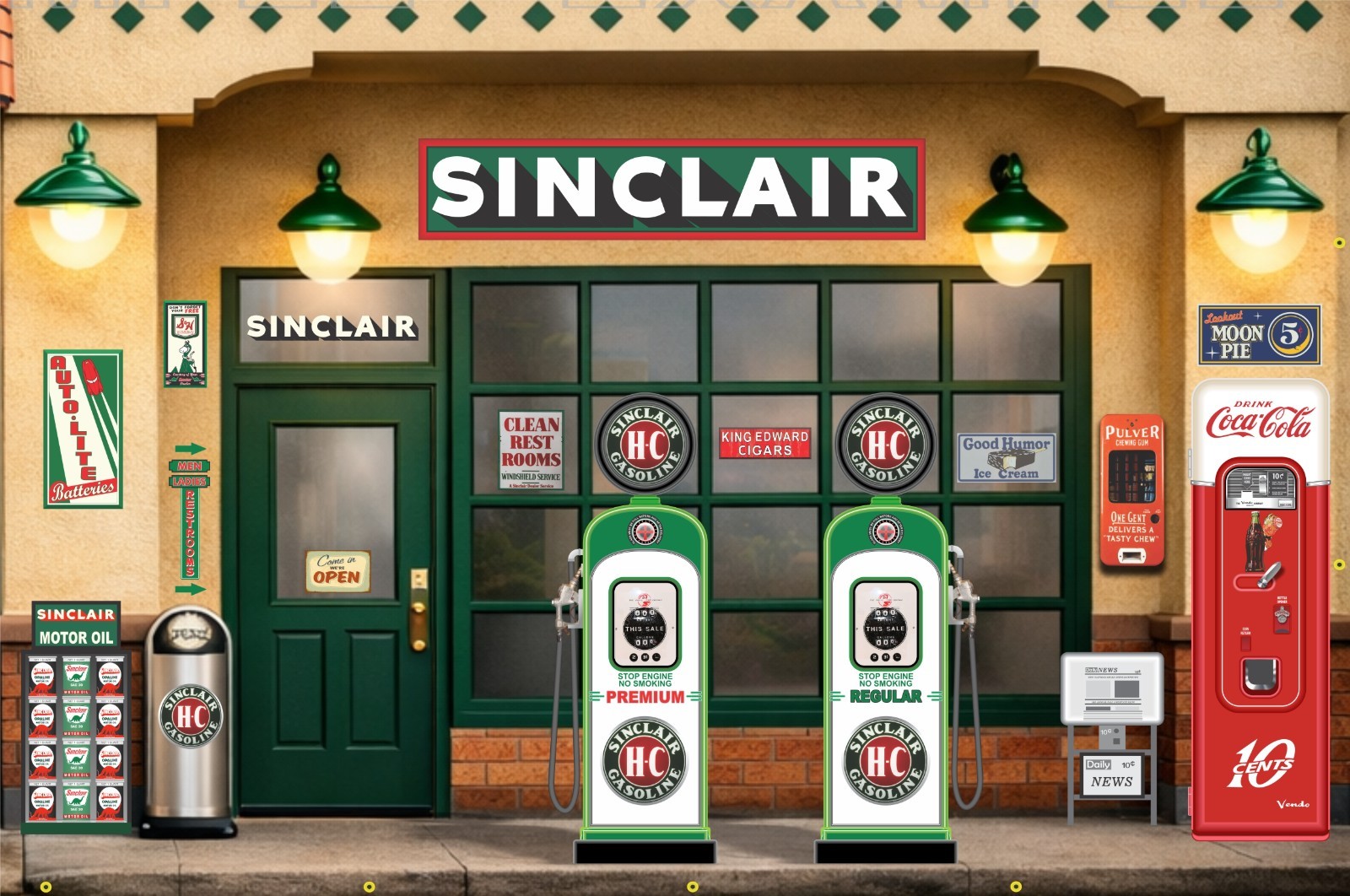 SINCLAIR HC OLD GAS PUMP STATION SCENE RENDERED VERSION WALL ART MURAL BANNER