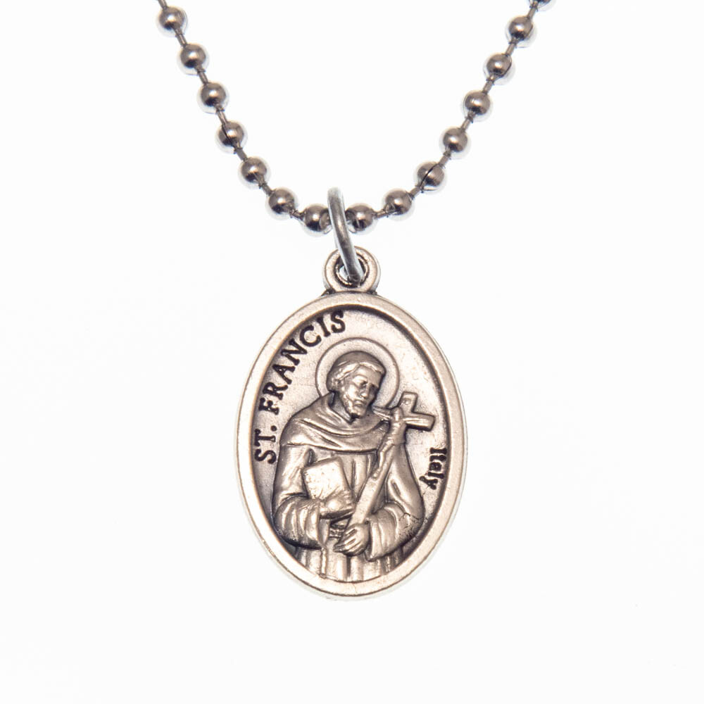 Saint St Francis Of Assisi Pray For Us 1" Medal Pendant Necklace 24" Chain Italy