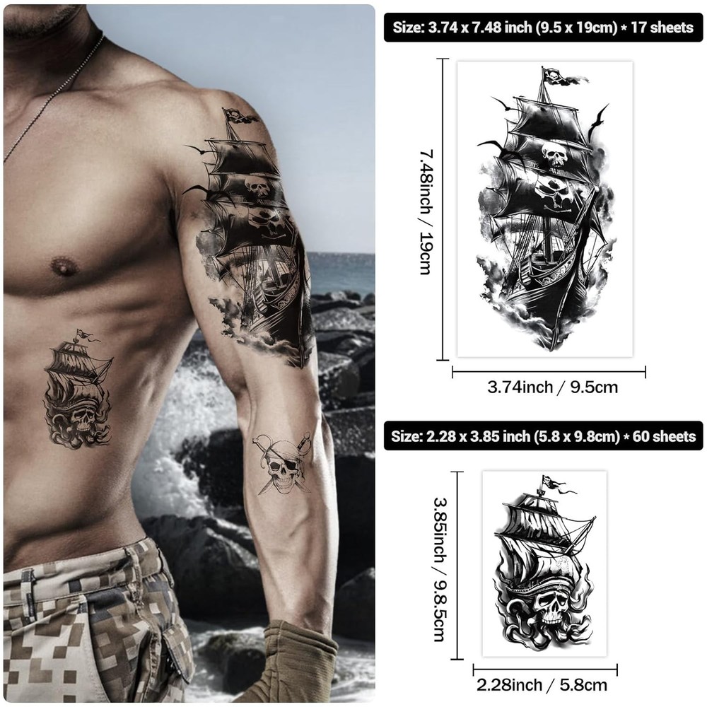 77 Sheets Pirate Temporary Tattoos Adult,Captain Anchor Compass