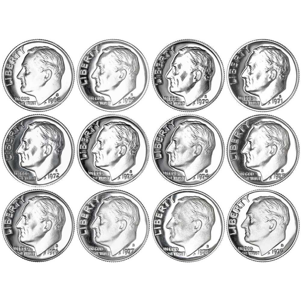 1968-1979 S Roosevelt Dime Gem Proof Run 12 Coin Decade Set CN-Clad