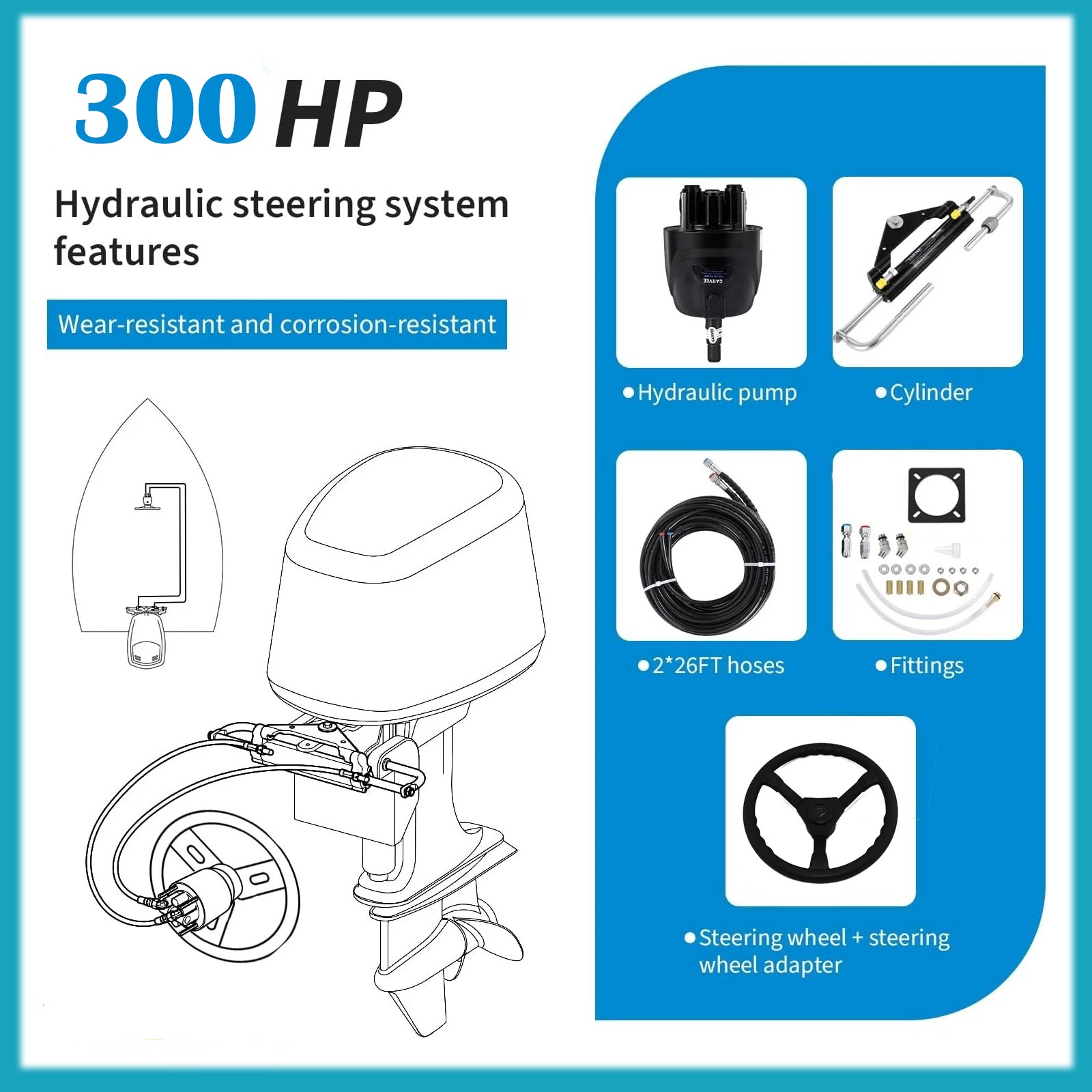 300 HP Hydraulic Outboard Steering Kit - Complete Single Engine System