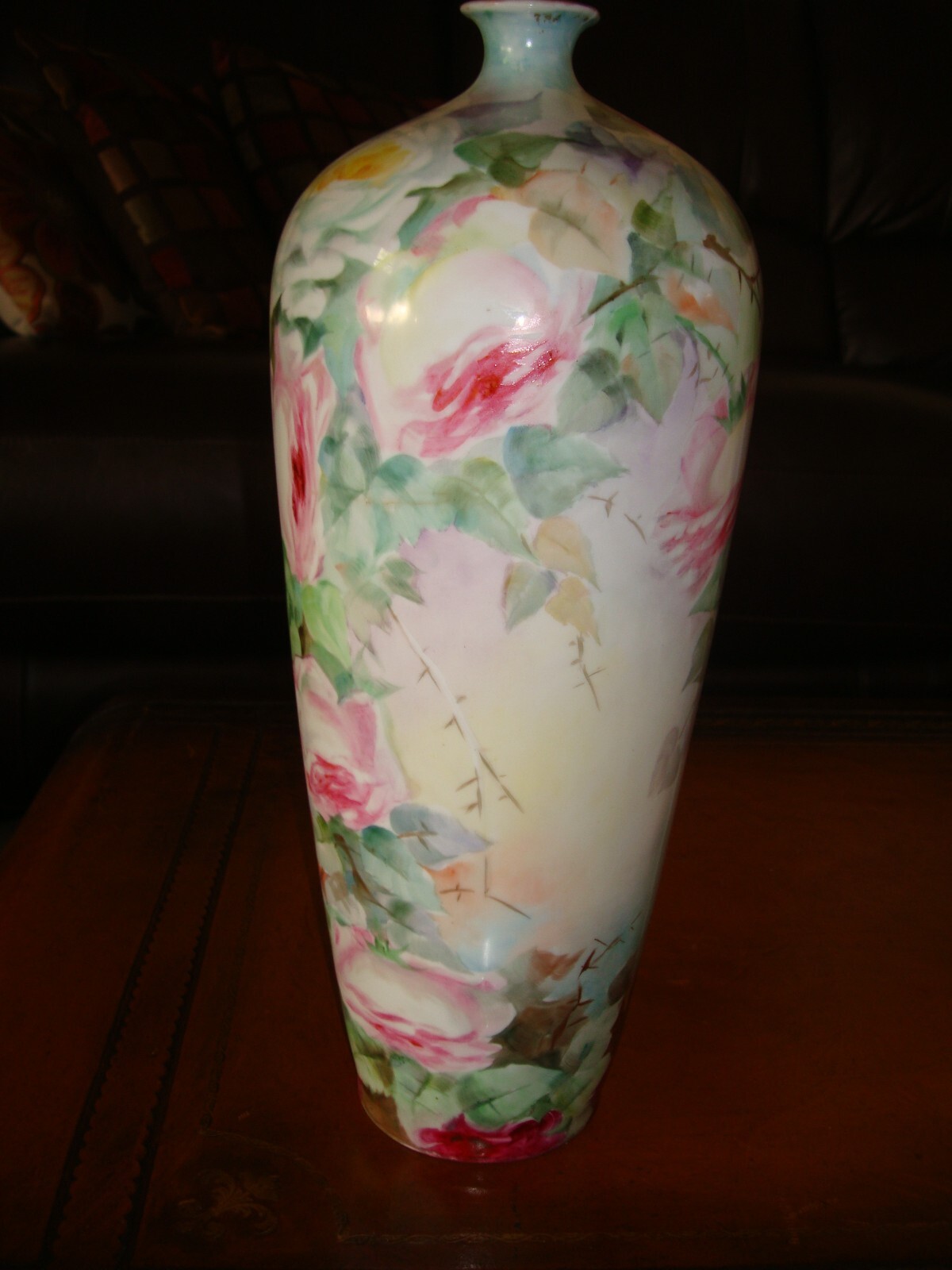 ANTIQUE HOHENZOLLERN GERMANY LARGE 14" HAND PAINTED PORCELAIN VASE, PINK ROSES
