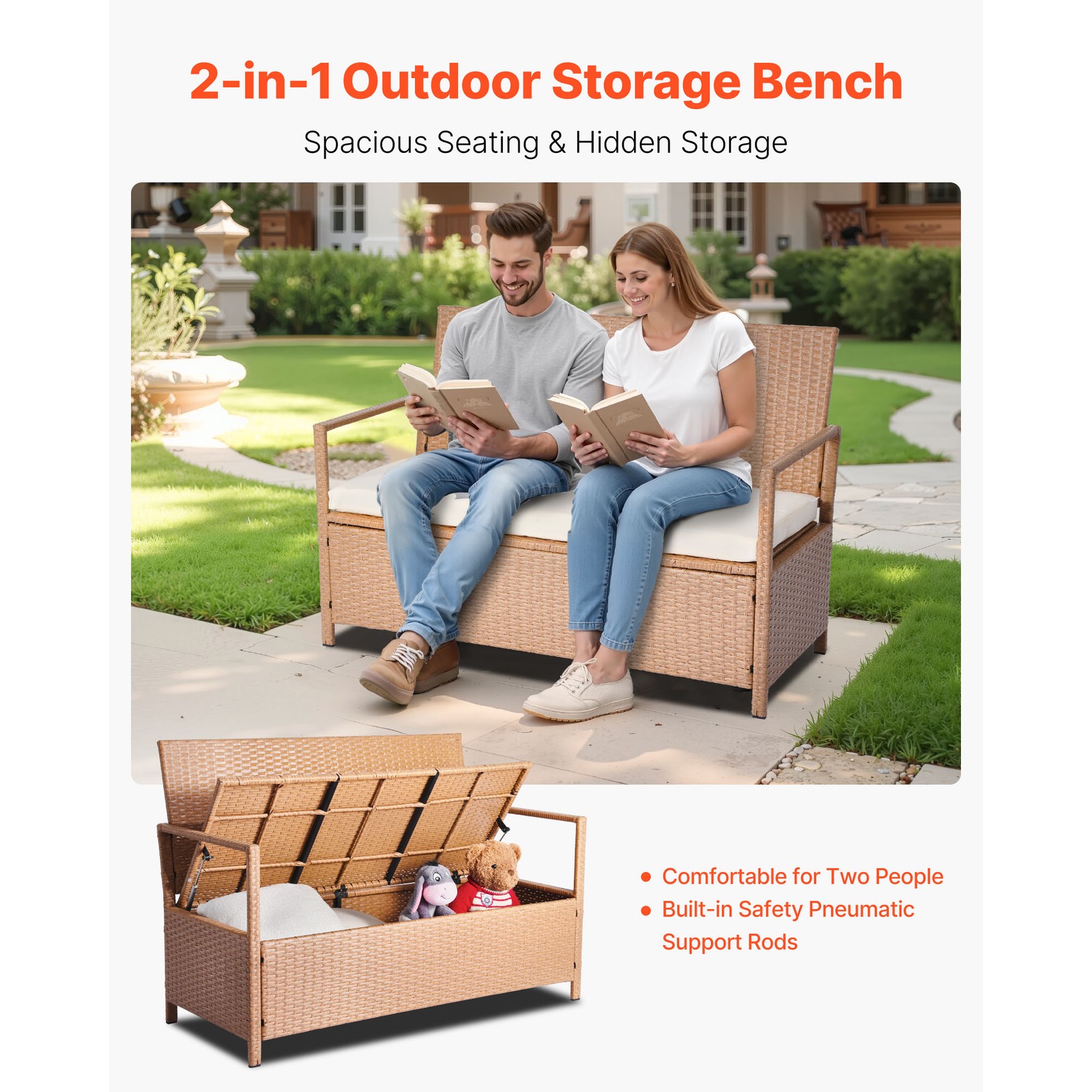 Outdoor Storage Bench PE Rattan 70Gal Deck Box Waterproof Outdoor Seat & Storage