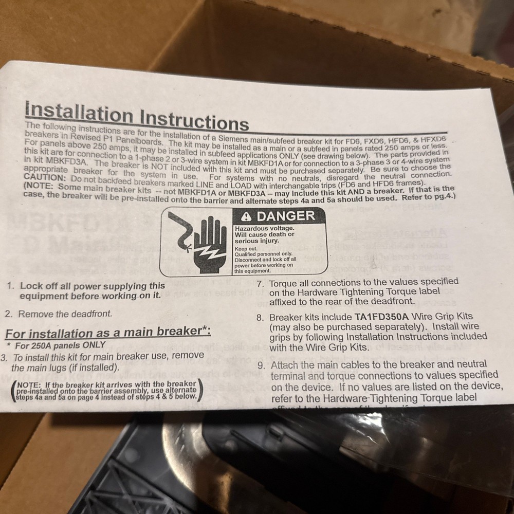 Siemens MBKFD3A RP1 FD Main Subfeed Panel Kit