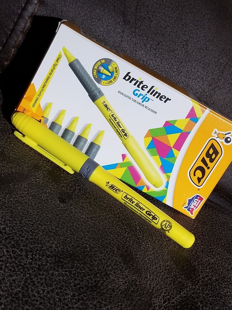 💗BIC Brite Liner Grip Pocket Highlighter, Chisel Tip, Fluorescent Yellow, 12 💗