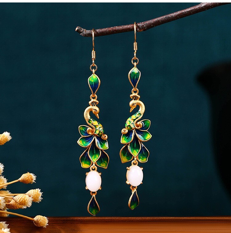 Jade Drop Dangle Earrings Peacock Cloisonne Bohemian Ear Hook 18K Gold Plated