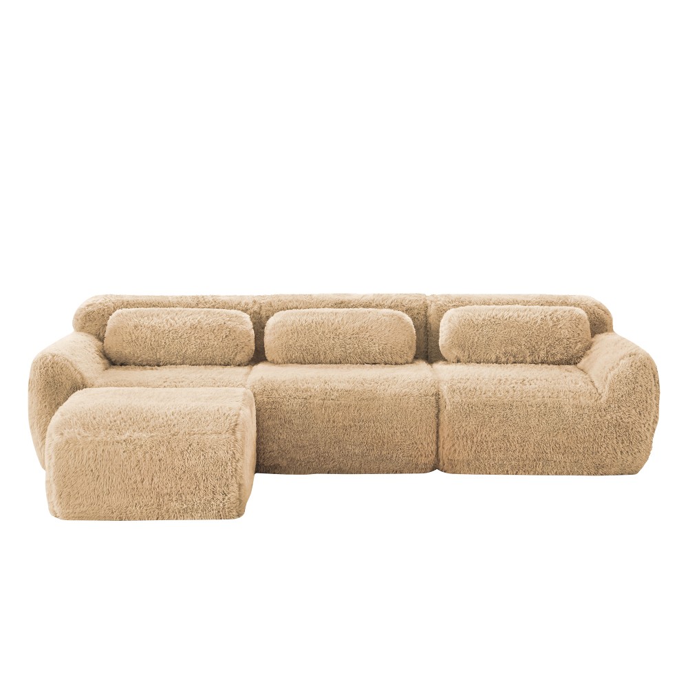 L-Shaped Plush Modular Sofa w/Ottoman, Light Khaki, No Assembly